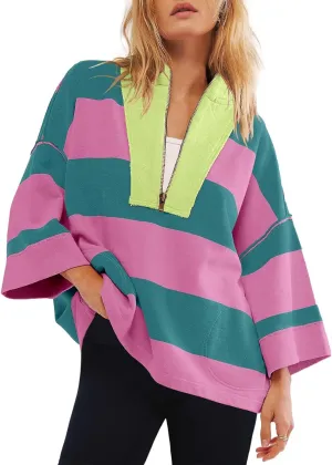 Oversized Sweatshirt for Women Y2K Half Zip Pullover Casual Loose Fit Striped Shirt with Pockets 2024 Fall Outfits