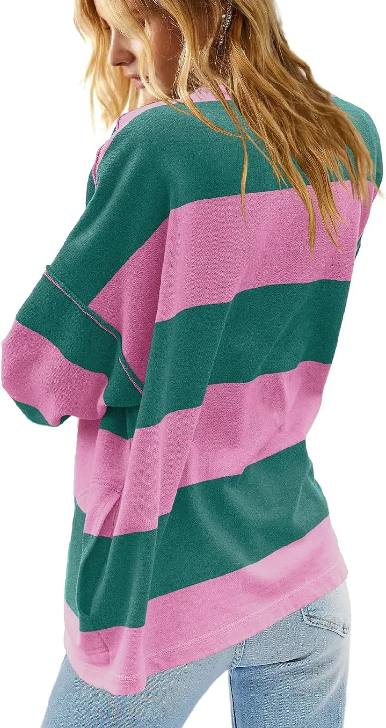 Oversized Sweatshirt for Women Y2K Half Zip Pullover Casual Loose Fit Striped Shirt with Pockets 2024 Fall Outfits