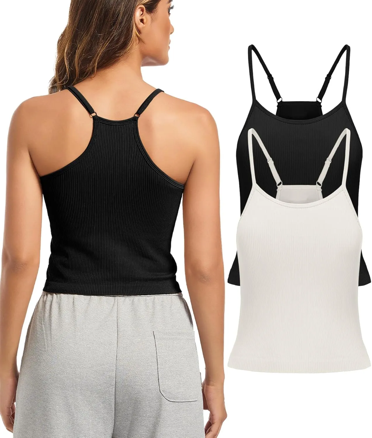 OVESPORT 2Pack Workout Tank Tops for Women with Built in Bras Seamless Adjustable Spaghetti Strap Sports Bra Yoga Casual Tops