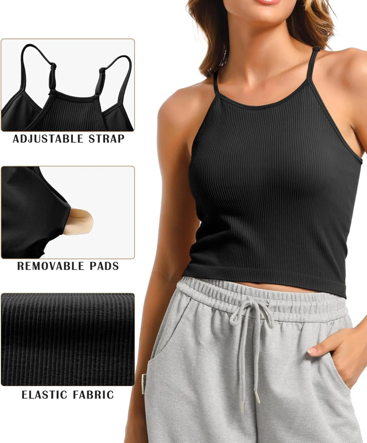 OVESPORT 2Pack Workout Tank Tops for Women with Built in Bras Seamless Adjustable Spaghetti Strap Sports Bra Yoga Casual Tops