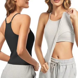 OVESPORT 2Pack Workout Tank Tops for Women with Built in Bras Seamless Adjustable Spaghetti Strap Sports Bra Yoga Casual Tops