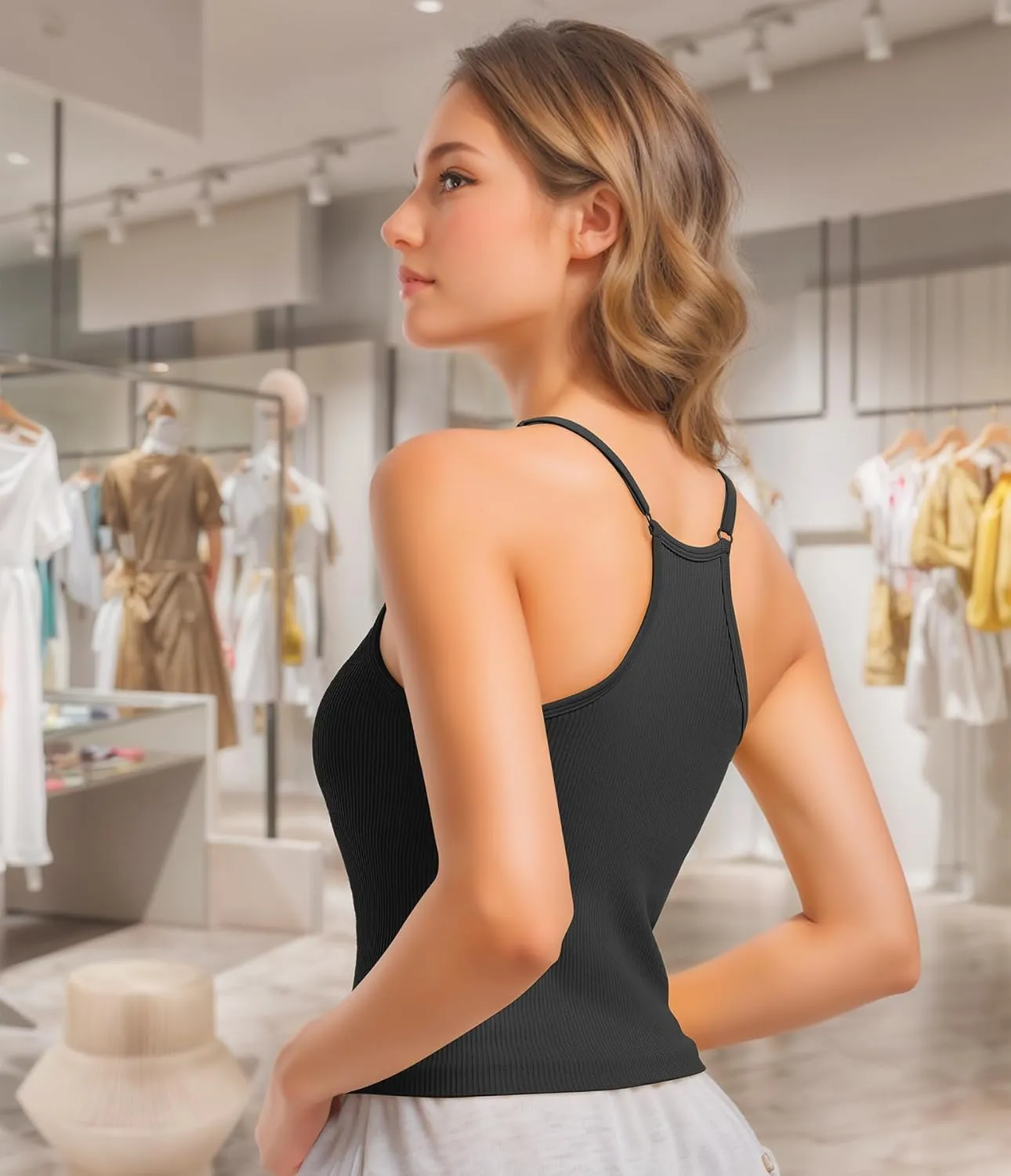 OVESPORT 2Pack Workout Tank Tops for Women with Built in Bras Seamless Adjustable Spaghetti Strap Sports Bra Yoga Casual Tops
