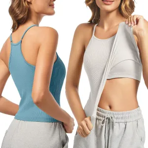 OVESPORT 2Pack Workout Tank Tops for Women with Built in Bras Seamless Adjustable Spaghetti Strap Sports Bra Yoga Casual Tops(Blue White-M)