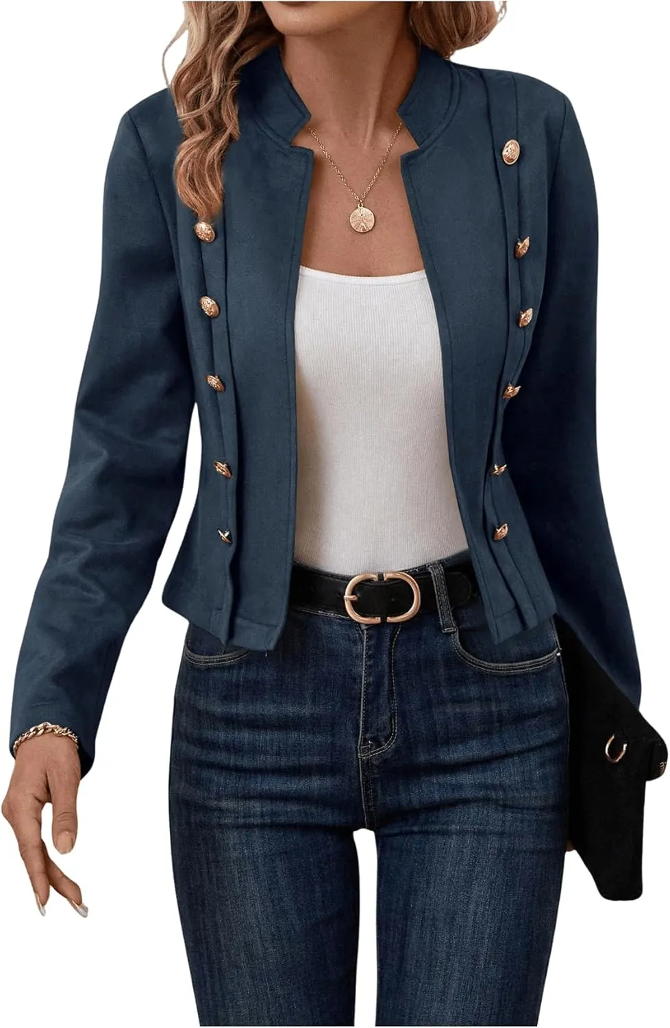 OYOANGLE Women's Open Front Double Breasted Long Sleeve Jacket Faux Suede Casual Biker Coat Outerwear