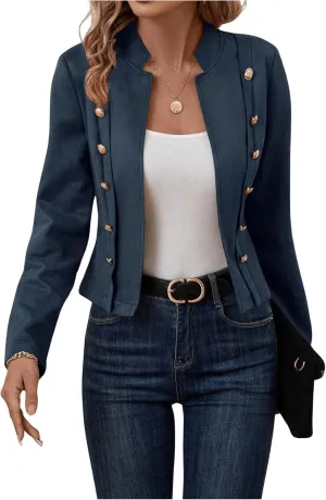 OYOANGLE Women's Open Front Double Breasted Long Sleeve Jacket Faux Suede Casual Biker Coat Outerwear