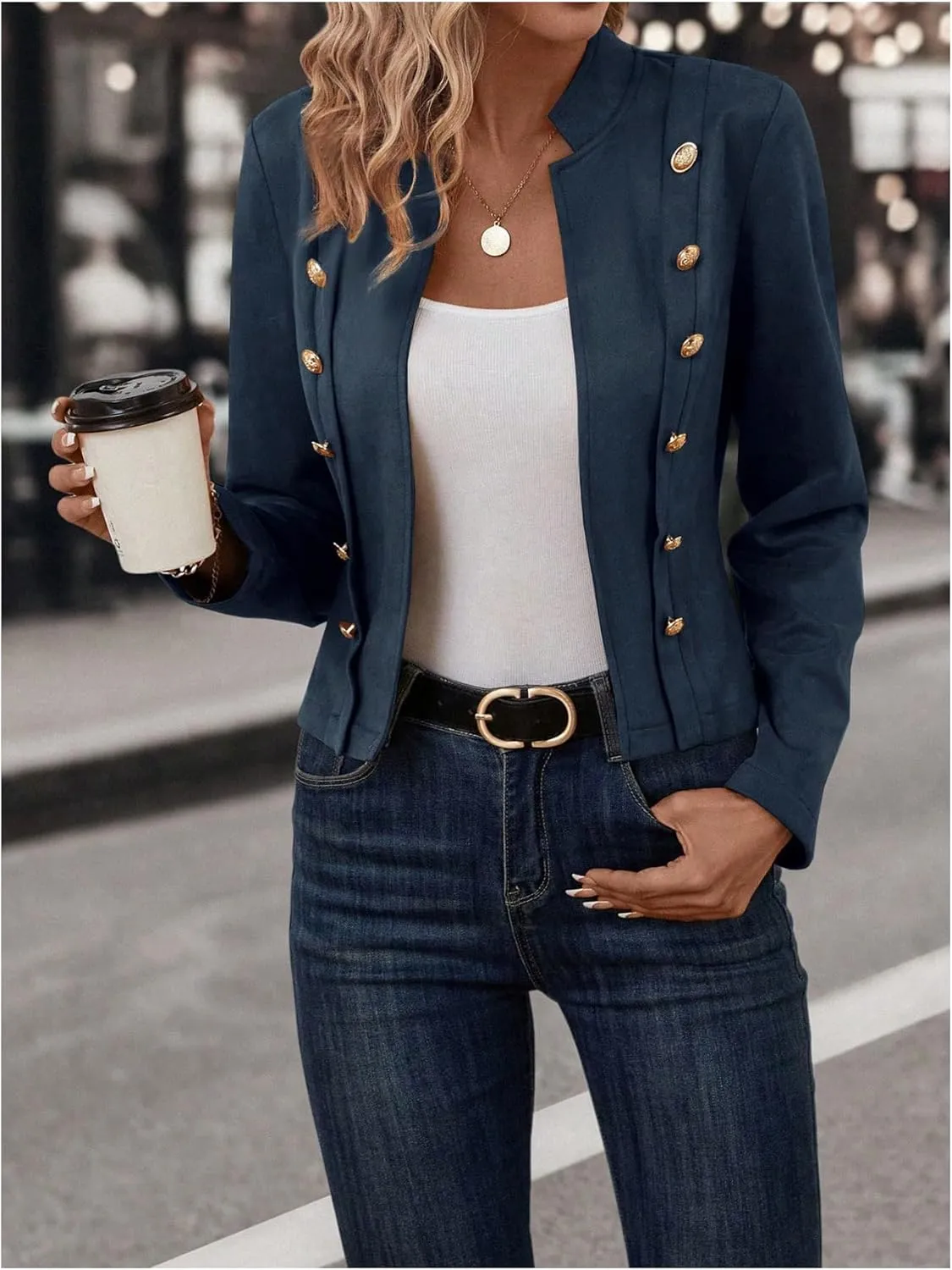 OYOANGLE Women's Open Front Double Breasted Long Sleeve Jacket Faux Suede Casual Biker Coat Outerwear