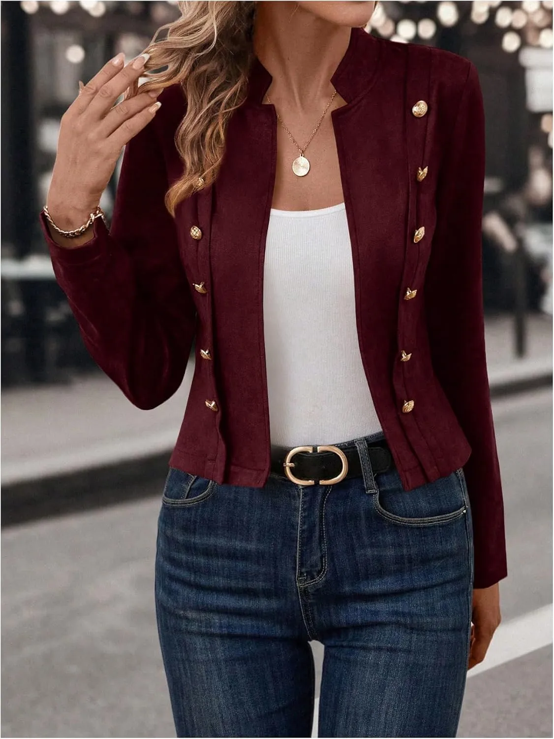 OYOANGLE Women's Open Front Double Breasted Long Sleeve Jacket Faux Suede Casual Biker Coat Outerwear