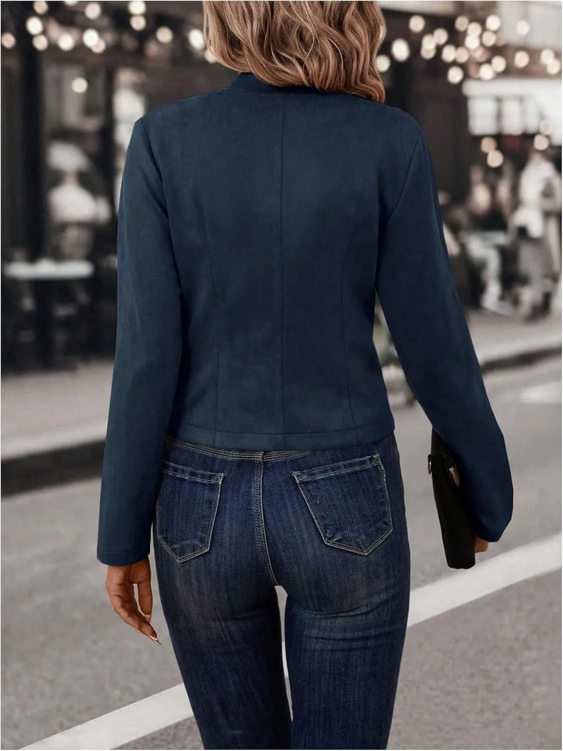 OYOANGLE Women's Open Front Double Breasted Long Sleeve Jacket Faux Suede Casual Biker Coat Outerwear
