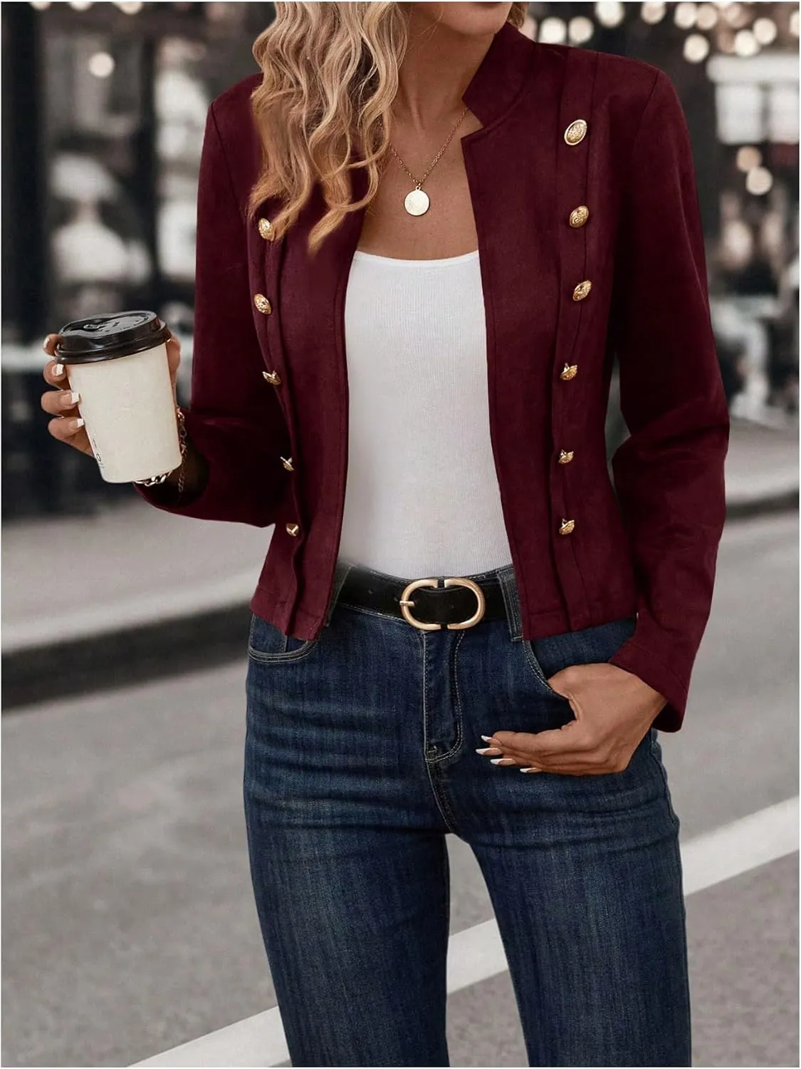 OYOANGLE Women's Open Front Double Breasted Long Sleeve Jacket Faux Suede Casual Biker Coat Outerwear