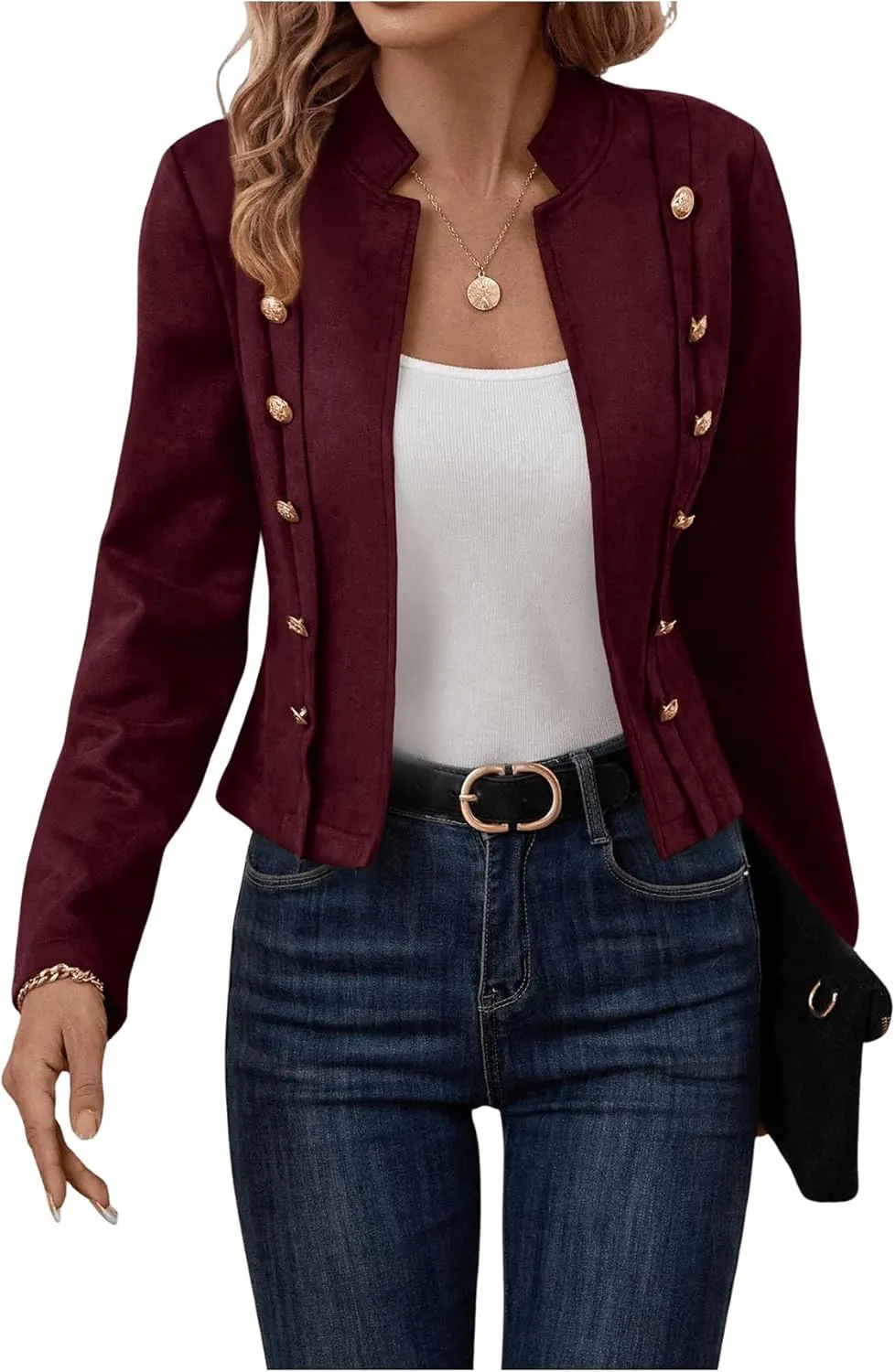 OYOANGLE Women's Open Front Double Breasted Long Sleeve Jacket Faux Suede Casual Biker Coat Outerwear
