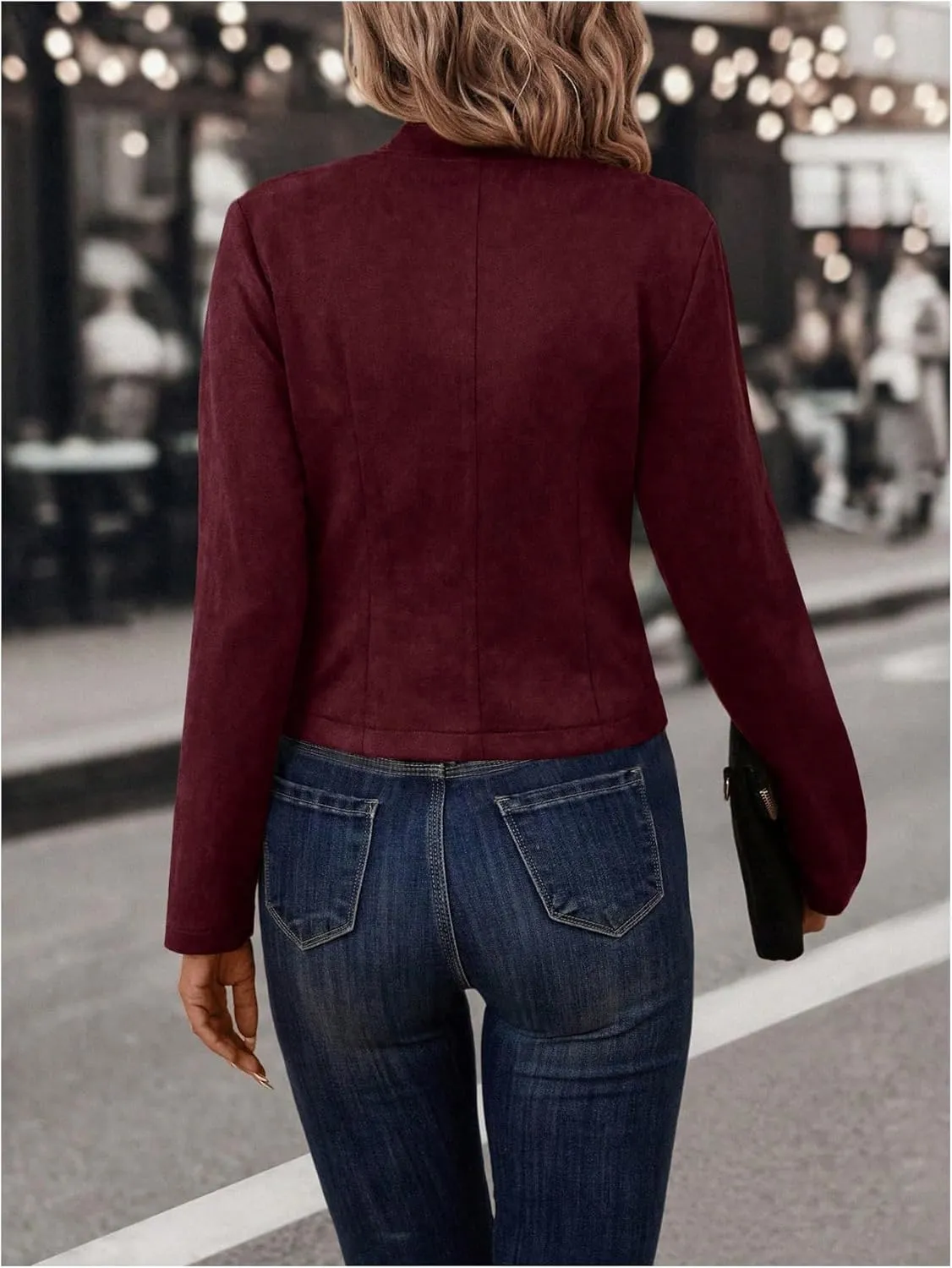 OYOANGLE Women's Open Front Double Breasted Long Sleeve Jacket Faux Suede Casual Biker Coat Outerwear