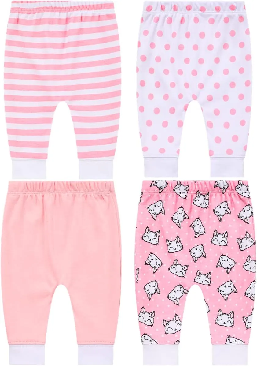 Pack of 4 Baby Jogger Pants - Soft Cotton Pants for Boys and Girls - Unisex Cute Color Designs for Infants