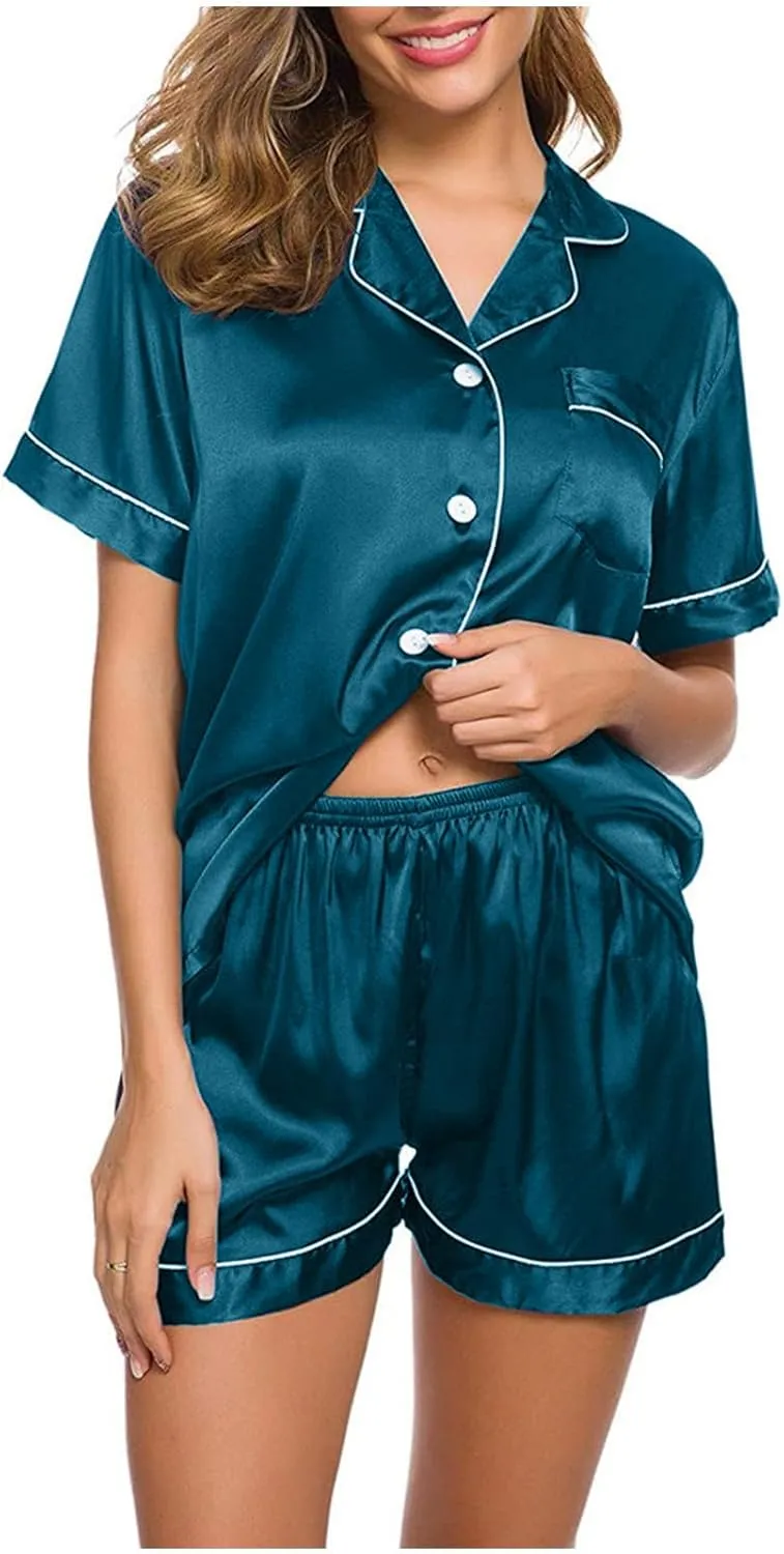 Pajama Set 2024 Fashion Womens Silk Short Sleeve V Neck Shirt with Long Pant Soft Loungewear Pjs Set