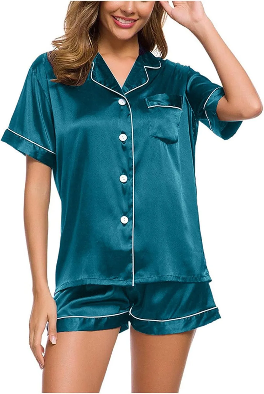Pajama Set 2024 Fashion Womens Silk Short Sleeve V Neck Shirt with Long Pant Soft Loungewear Pjs Set