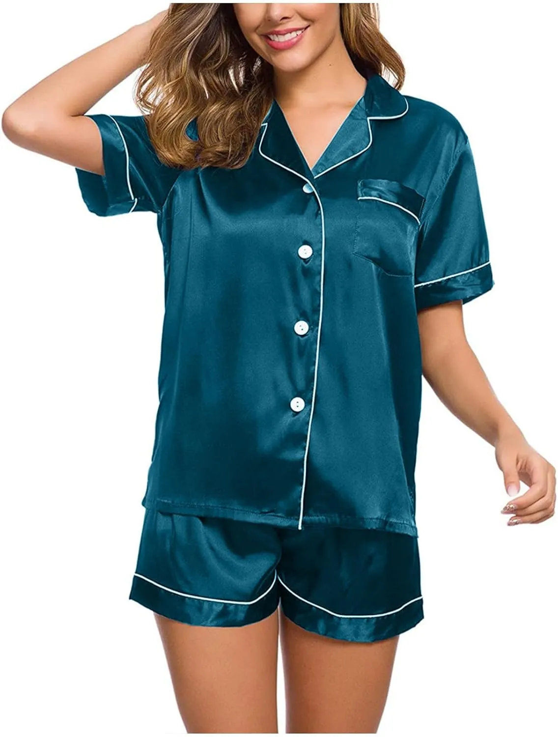 Pajama Set 2024 Fashion Womens Silk Short Sleeve V Neck Shirt with Long Pant Soft Loungewear Pjs Set