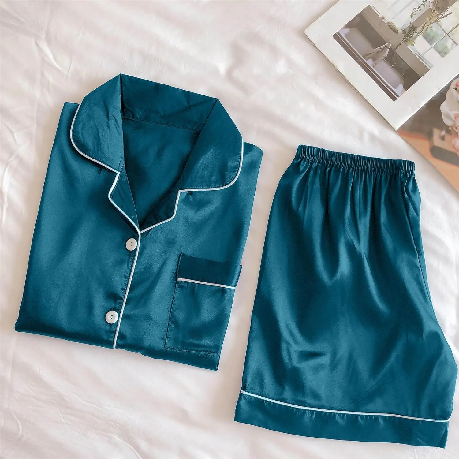 Pajama Set 2024 Fashion Womens Silk Short Sleeve V Neck Shirt with Long Pant Soft Loungewear Pjs Set