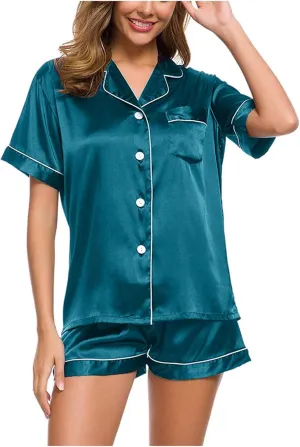 Pajama Set 2024 Fashion Womens Silk Short Sleeve V Neck Shirt with Long Pant Soft Loungewear Pjs Set