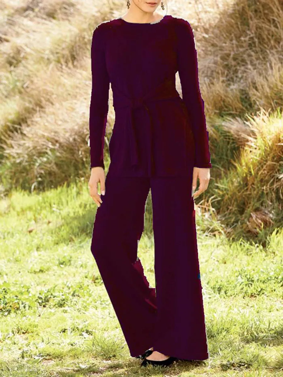 Paneled Crew Neck Long Sleeve Plain Suits
