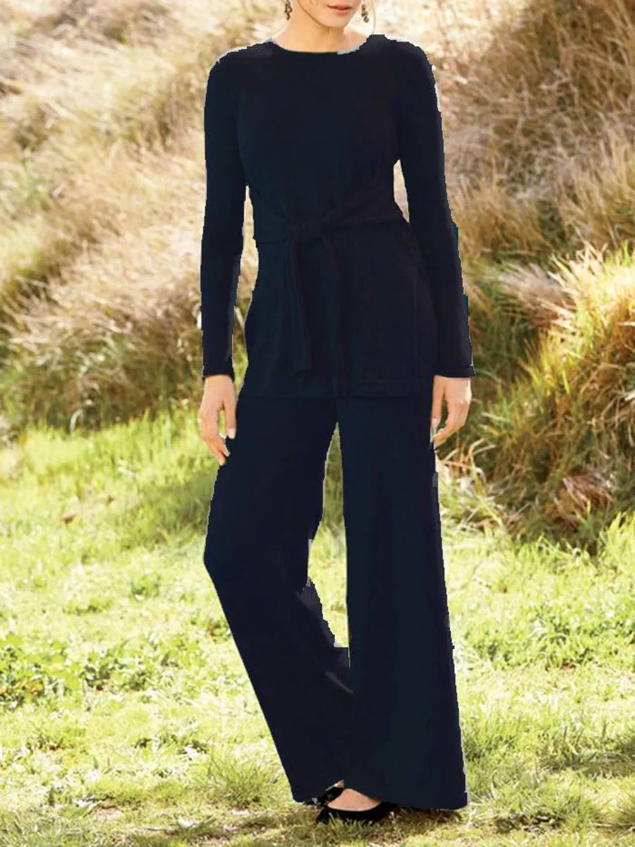 Paneled Crew Neck Long Sleeve Plain Suits
