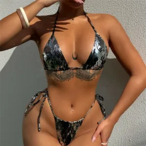 Paris Snake Skin Halter Strappy High Cut Bikini