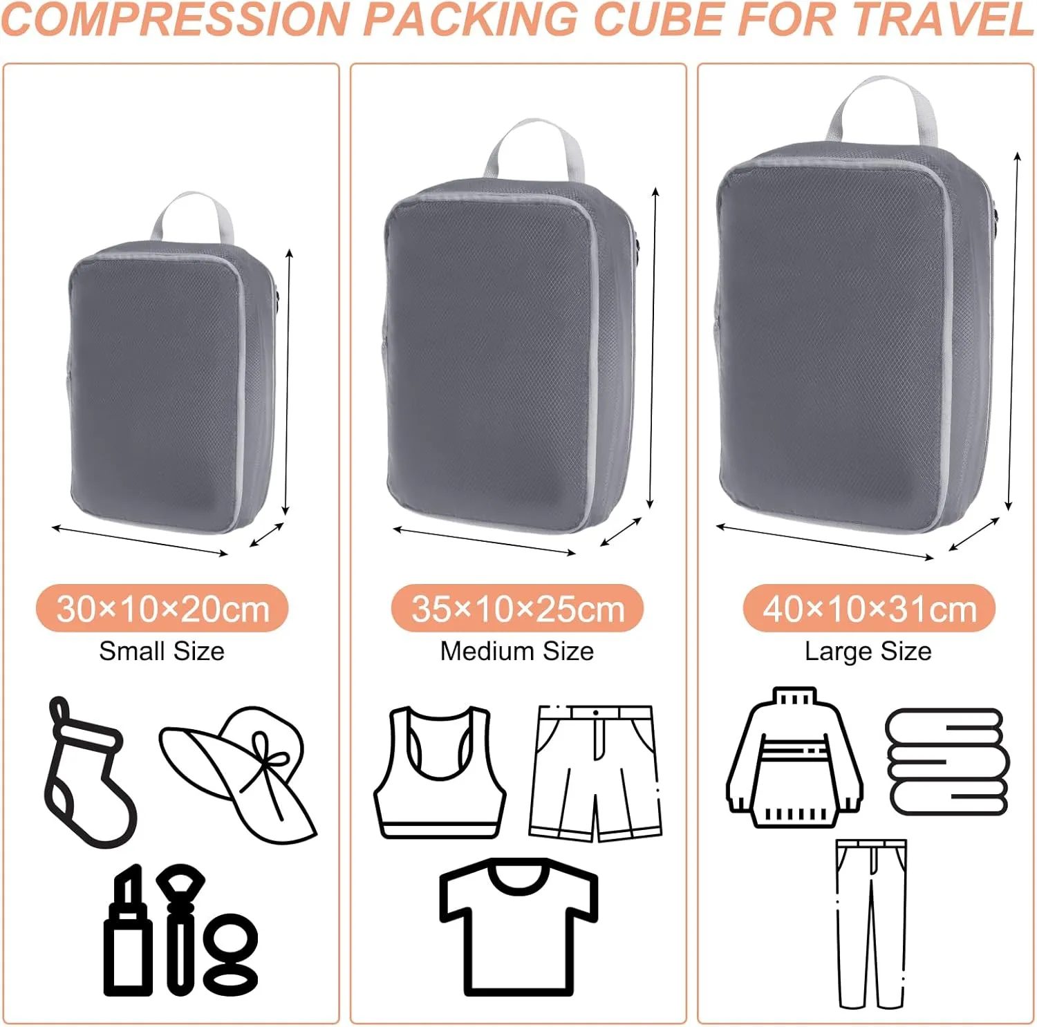 PATIKIL Compression Packing Cube for Travel, 3 Set Waterproof Nylon Luggage Organizer Bags Lightweight Compression Cube for Outdoor Suitcases Backpack, Gray