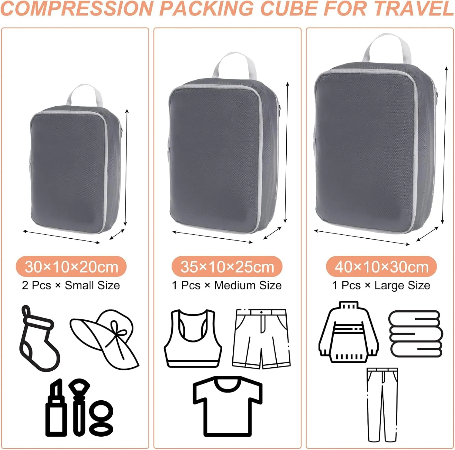 PATIKIL Compression Packing Cube for Travel, 4 Set Waterproof Nylon Luggage Organizer Bags Lightweight Compression Cube for Outdoor Suitcases Backpack, Gray
