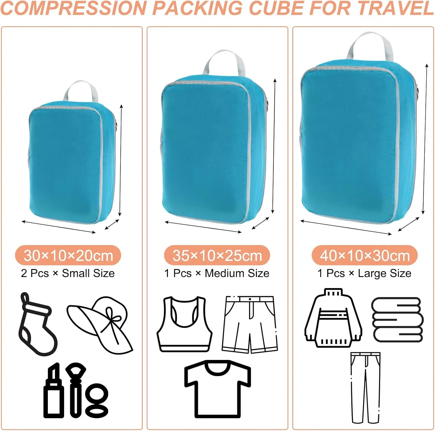PATIKIL Compression Packing Cube for Travel, 4 Set Waterproof Nylon Luggage Organizer Bags Lightweight Compression Cube for Outdoor Suitcases Backpack, Sky Blue