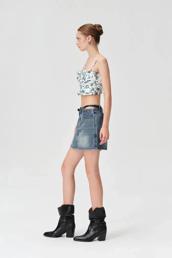 Peekaboo Waist Cutouts Skorts in Cotton Denim