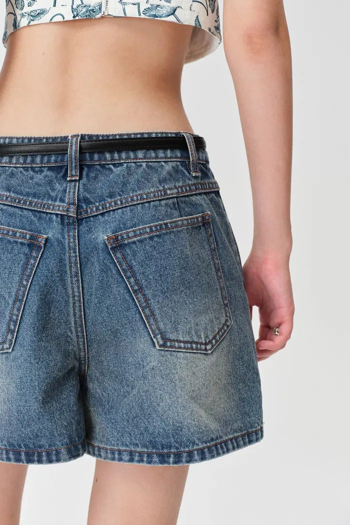 Peekaboo Waist Cutouts Skorts in Cotton Denim