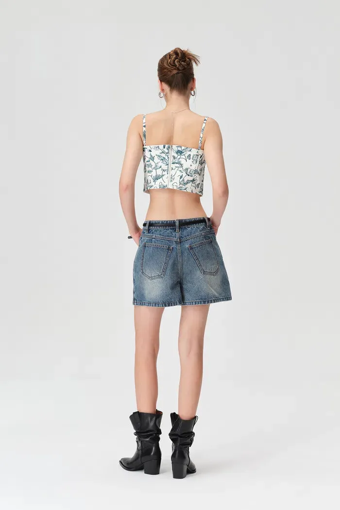 Peekaboo Waist Cutouts Skorts in Cotton Denim