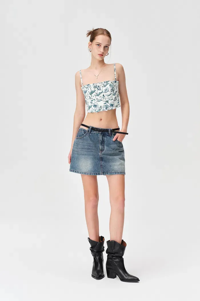 Peekaboo Waist Cutouts Skorts in Cotton Denim