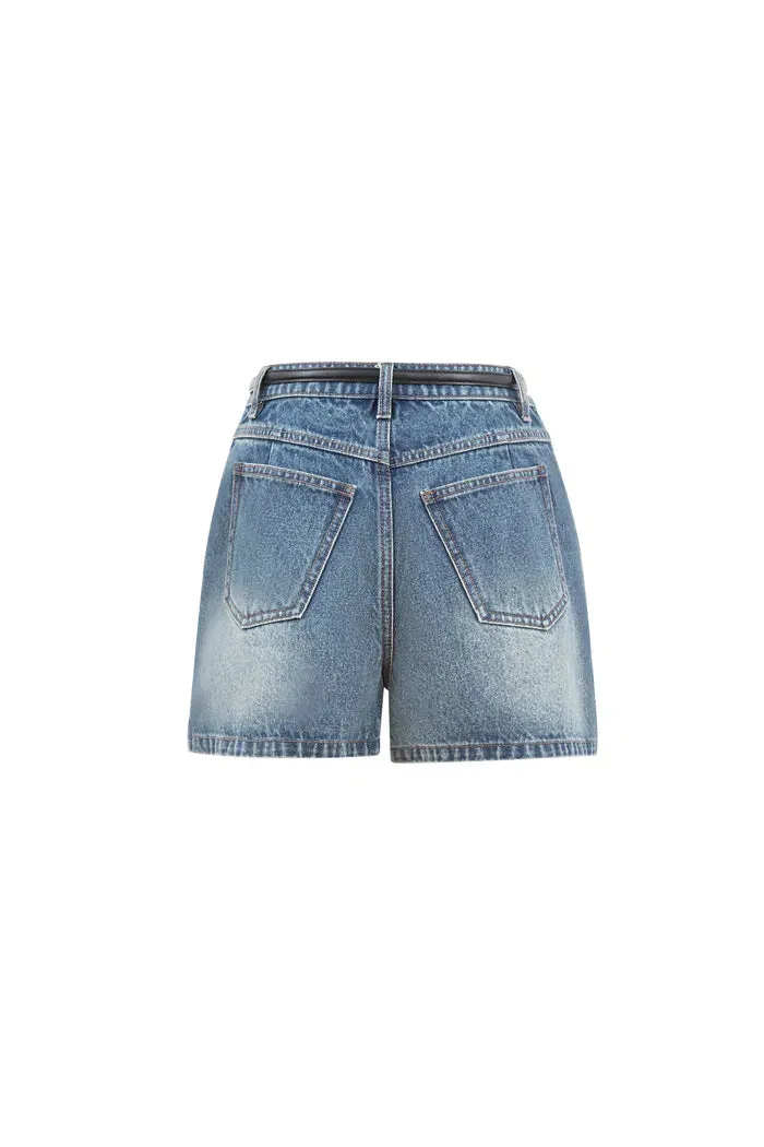 Peekaboo Waist Cutouts Skorts in Cotton Denim