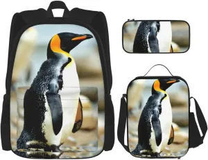 Penguin Print Unisex Stylish Travel Backpack Set With Insulated Lunch Bag,Adjustable Straps