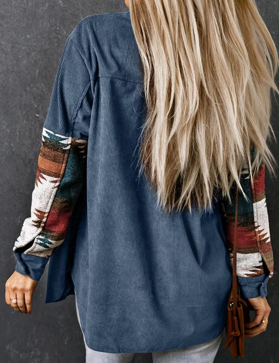 Perbai Womens Corduroy Flannel Shirt Long Sleeve Button Down Aztec Loose Shacket Jacket with Pockets