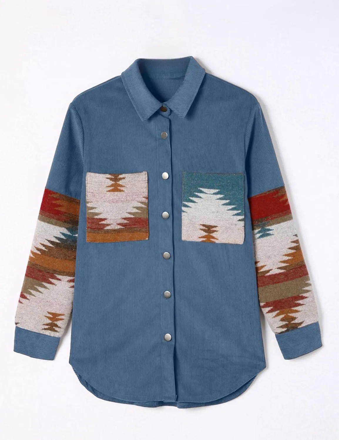 Perbai Womens Corduroy Flannel Shirt Long Sleeve Button Down Aztec Loose Shacket Jacket with Pockets