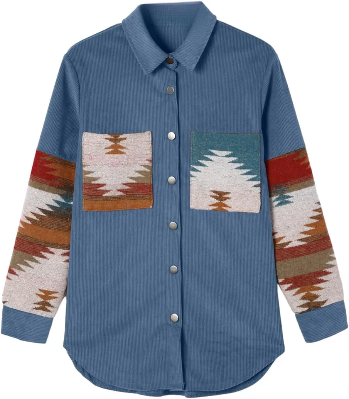 Perbai Womens Corduroy Flannel Shirt Long Sleeve Button Down Aztec Loose Shacket Jacket with Pockets