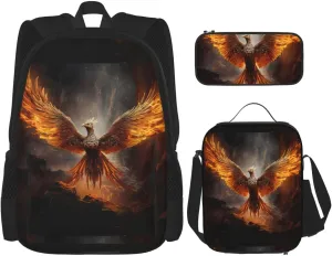 Phoenix Print Unisex Stylish Travel Backpack Set With Insulated Lunch Bag,Adjustable Straps