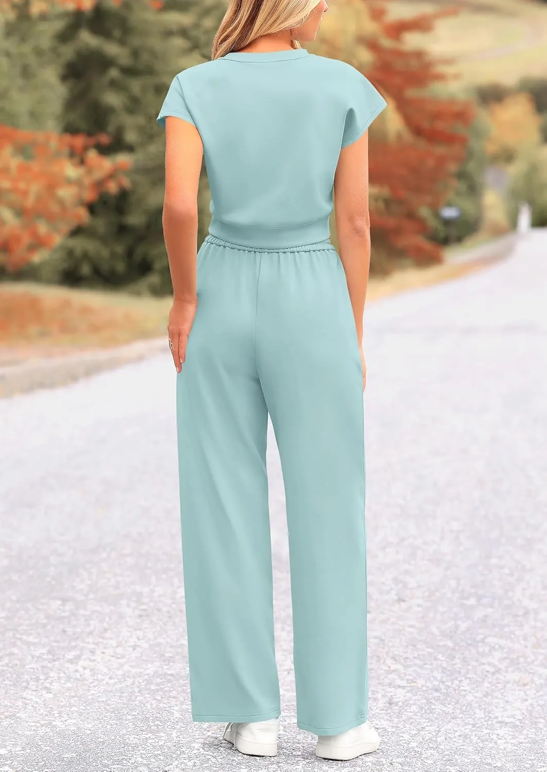 PRETTYGARDEN Women's Summer Two Piece Outfits Tracksuit Twist Front Crop Tops T Shirts Wide Leg Pants Matching Lounge Sets