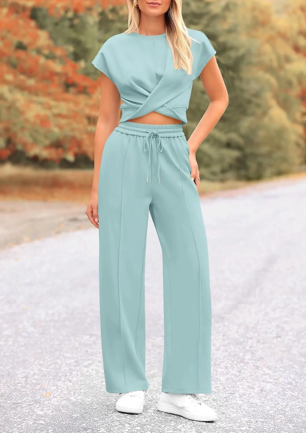 PRETTYGARDEN Women's Summer Two Piece Outfits Tracksuit Twist Front Crop Tops T Shirts Wide Leg Pants Matching Lounge Sets