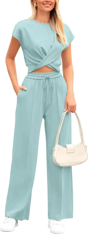 PRETTYGARDEN Women's Summer Two Piece Outfits Tracksuit Twist Front Crop Tops T Shirts Wide Leg Pants Matching Lounge Sets