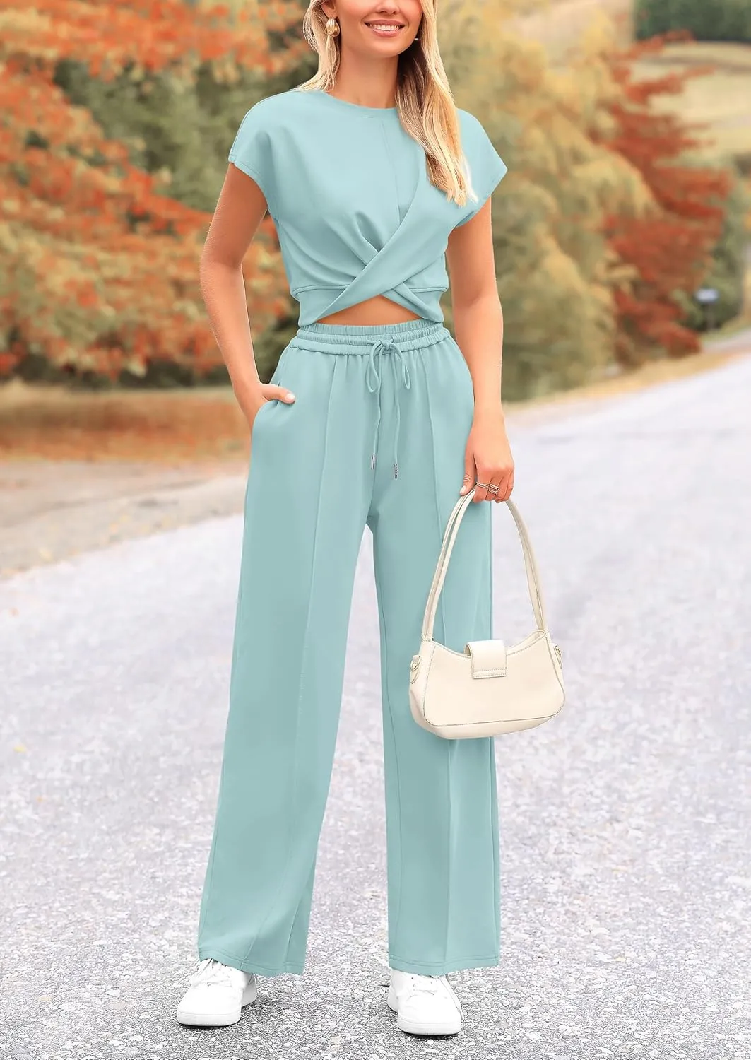 PRETTYGARDEN Women's Summer Two Piece Outfits Tracksuit Twist Front Crop Tops T Shirts Wide Leg Pants Matching Lounge Sets