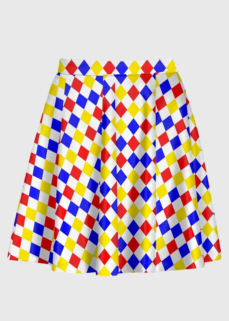 Primary Color Harlequin Pattern Clowncore Skirt