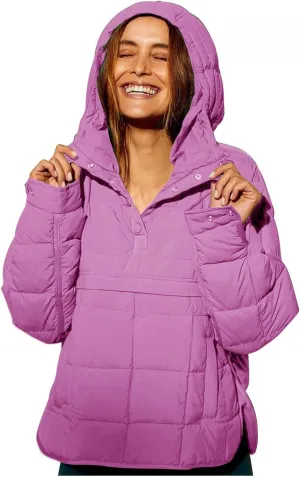Pullover Puffer Jacket Womens Long Sleeve Oversized Quilted Hoodies Button Down Hooded Padded Coat Fall Comfy Outwear