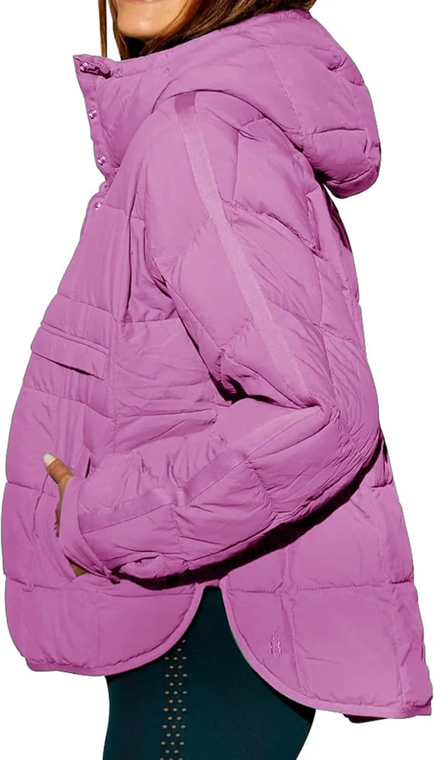 Pullover Puffer Jacket Womens Long Sleeve Oversized Quilted Hoodies Button Down Hooded Padded Coat Fall Comfy Outwear