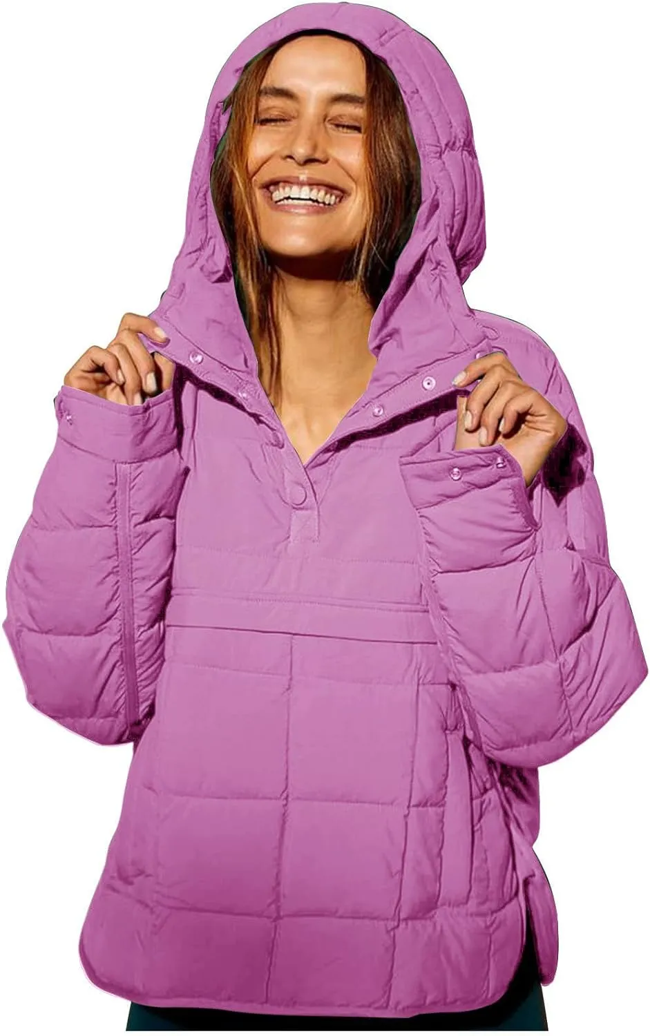 Pullover Puffer Jacket Womens Long Sleeve Oversized Quilted Hoodies Button Down Hooded Padded Coat Fall Comfy Outwear