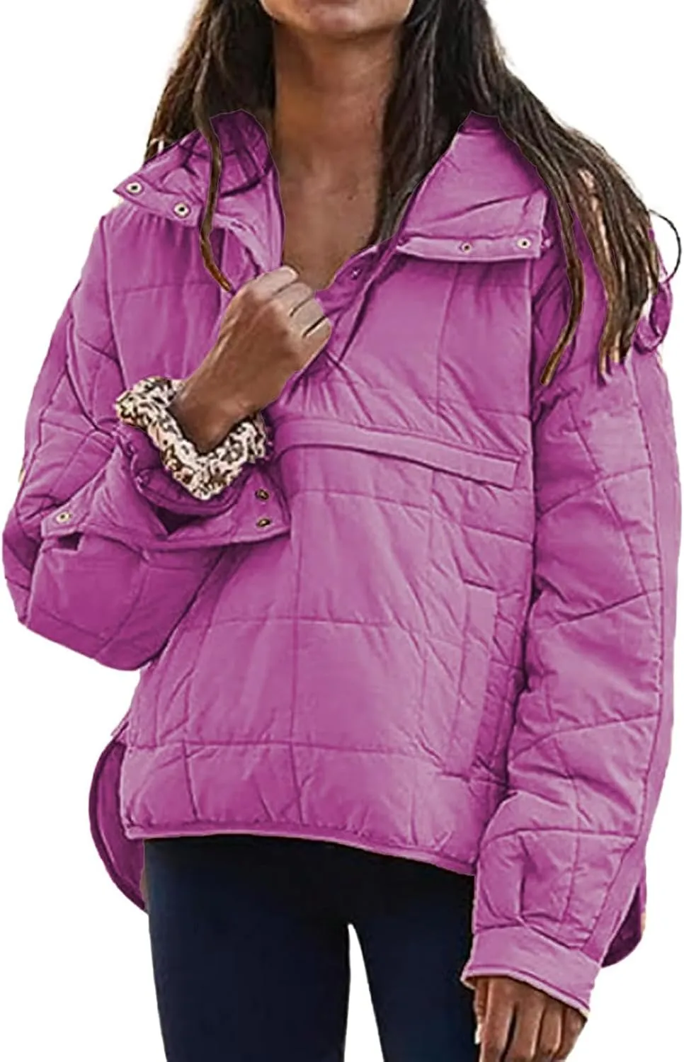 Pullover Puffer Jacket Womens Long Sleeve Oversized Quilted Hoodies Button Down Hooded Padded Coat Fall Comfy Outwear