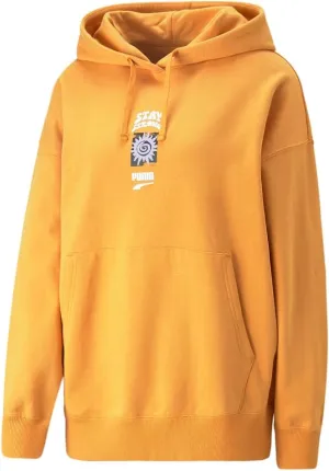 PUMA Womens Downtown Oversized Graphic Hoodie Athletic Outerwear Casual Hoodie Drawstring - Yellow - Size S