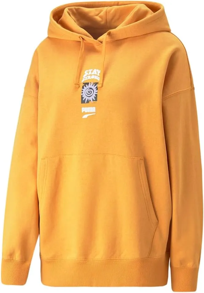 PUMA Womens Downtown Oversized Graphic Hoodie Athletic Outerwear Casual Hoodie Drawstring - Yellow - Size S