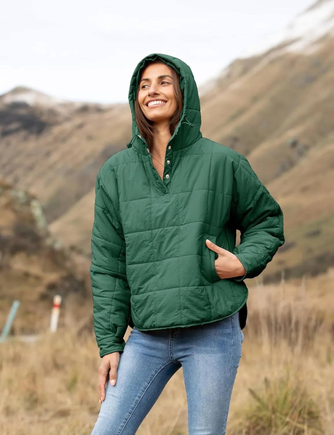 QIBABU Womens Oversized Hooded Puffer Jacket Lightweight Pullover Hoodies Quilted Dolman Long Sleeve Warm Winter Coat