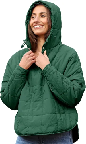 QIBABU Womens Oversized Hooded Puffer Jacket Lightweight Pullover Hoodies Quilted Dolman Long Sleeve Warm Winter Coat